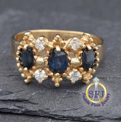 Sapphire 3-Stone and Diamond Marquise Style Band Ring, Solid 14K Yellow Gold