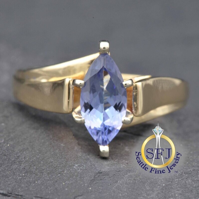Marquise Tanzanite Solitaire Bypass Ring, Solid 10K Yellow Gold