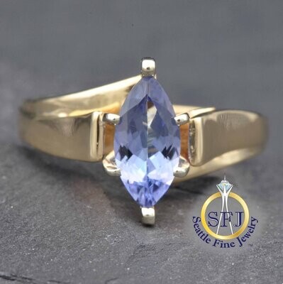 Marquise Tanzanite Solitaire Bypass Ring, Solid 14K Yellow Gold