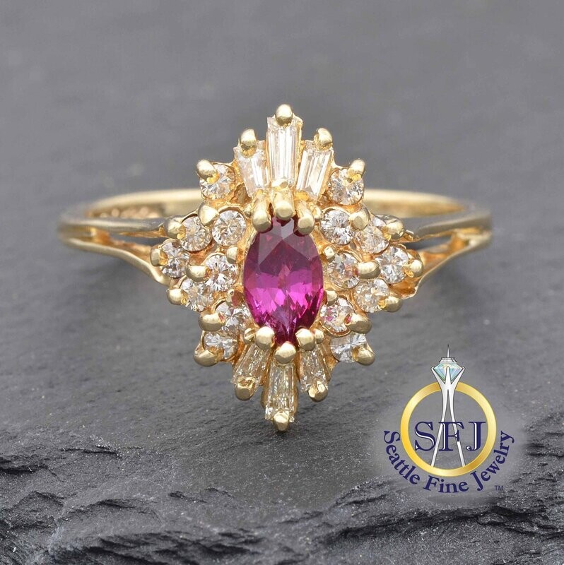 Marquise Ruby and Diamond Halo Ring, Solid 14K Yellow Gold