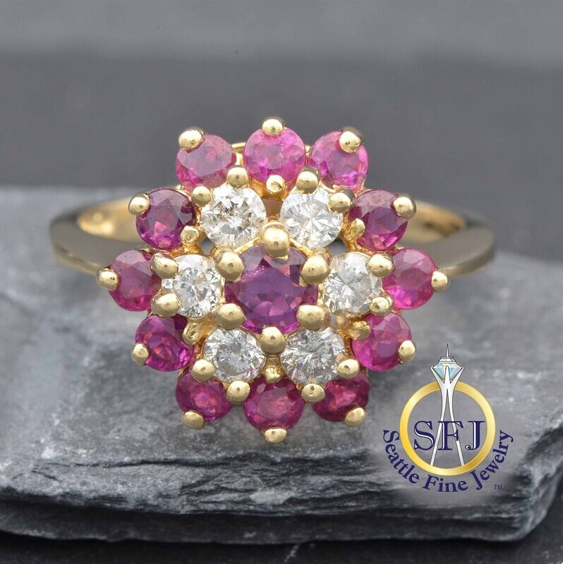Ruby and Diamond Cluster Halo Ring, Solid 14K Yellow Gold