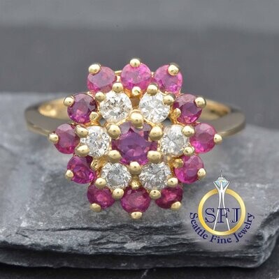 Ruby and Diamond Cluster Halo Ring, Solid 14K Yellow Gold