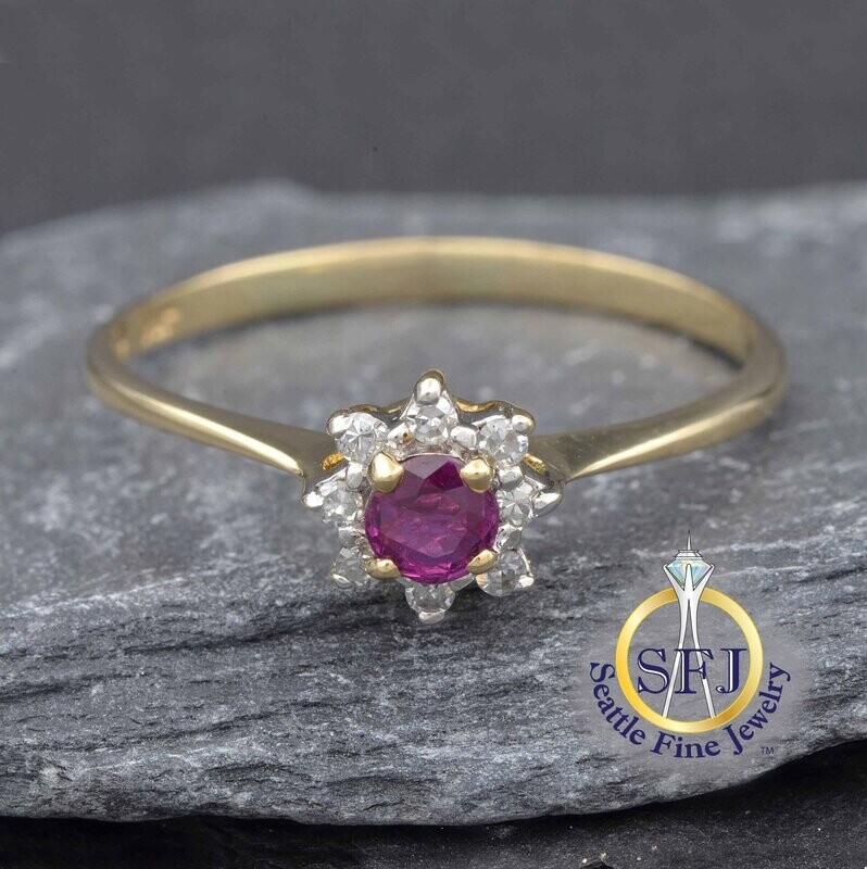Ruby and Diamond Round Halo Ring, Solid 14K Yellow Gold