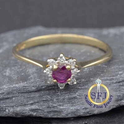Round Ruby and Diamond Halo Ring, Solid 14K Yellow Gold