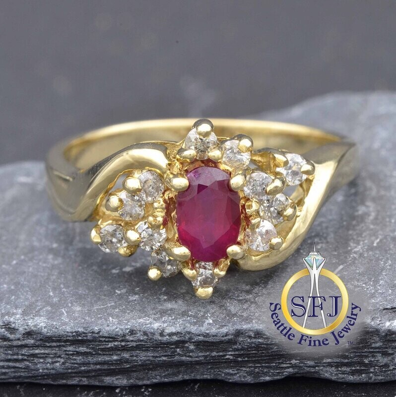 Ruby and Diamond Marquise Style Bypass Halo Ring,  Solid 14K Yellow Gold