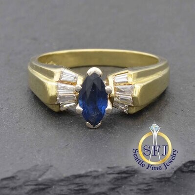 Marquise Sapphire and Diamond Ring, Solid 18K Yellow Gold