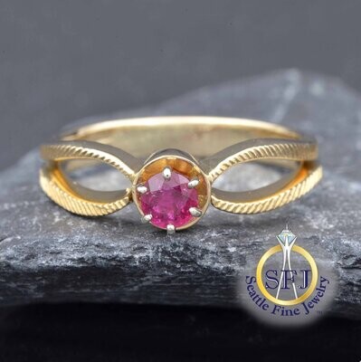Ruby Solitaire Ring, Solid 14K Yellow Gold