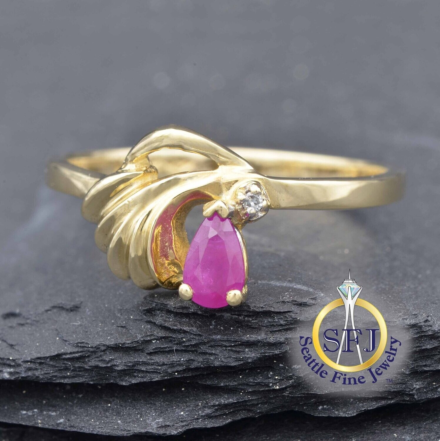 Pear Ruby and Diamond Filigree Flowing Ring, Solid 10K Yellow Gold