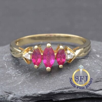 Marquise Ruby 3-Stone Row Ring with Diamond Accents, Solid 14K Yellow Gold