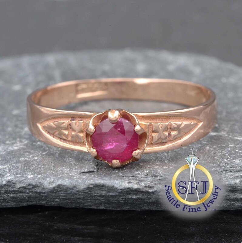 Antique Ruby Solitaire Ring, Solid 14K Rose Gold