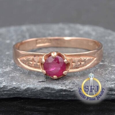 Ruby Solitaire Ring, Solid 14k Rose Gold
