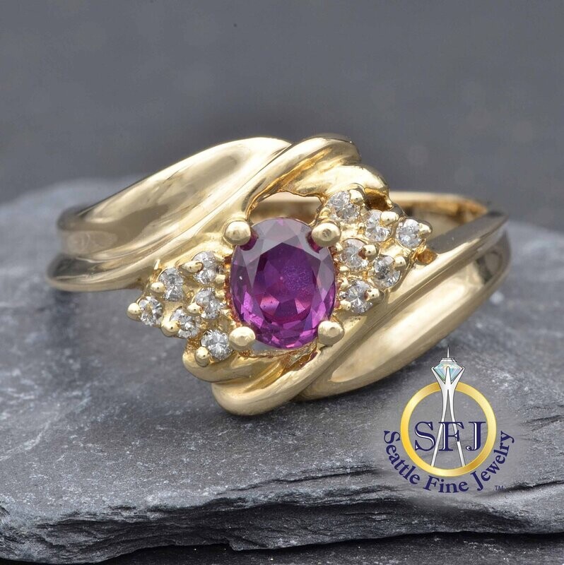 Ruby and Diamond Bypass Ring, Solid 14K Yellow Gold