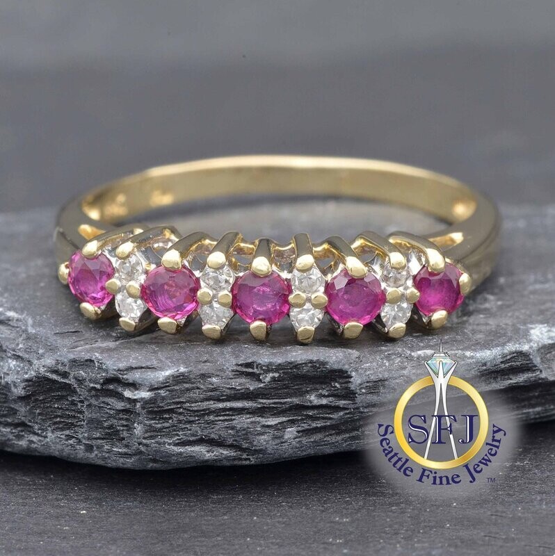 Ruby and Diamond Band Ring, Solid 14K Yellow Gold