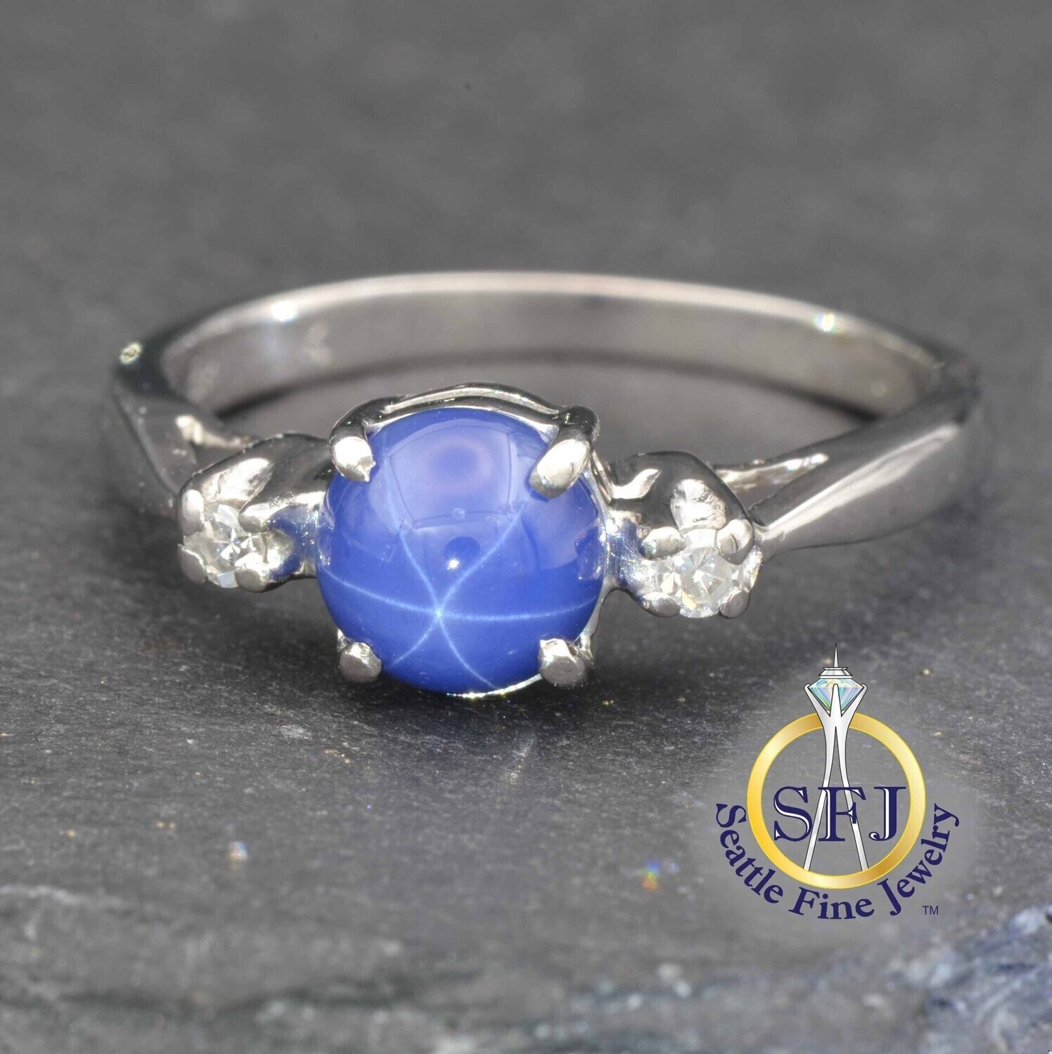 Star Sapphire and Diamond Cabochon Ring, Solid 14K White Gold