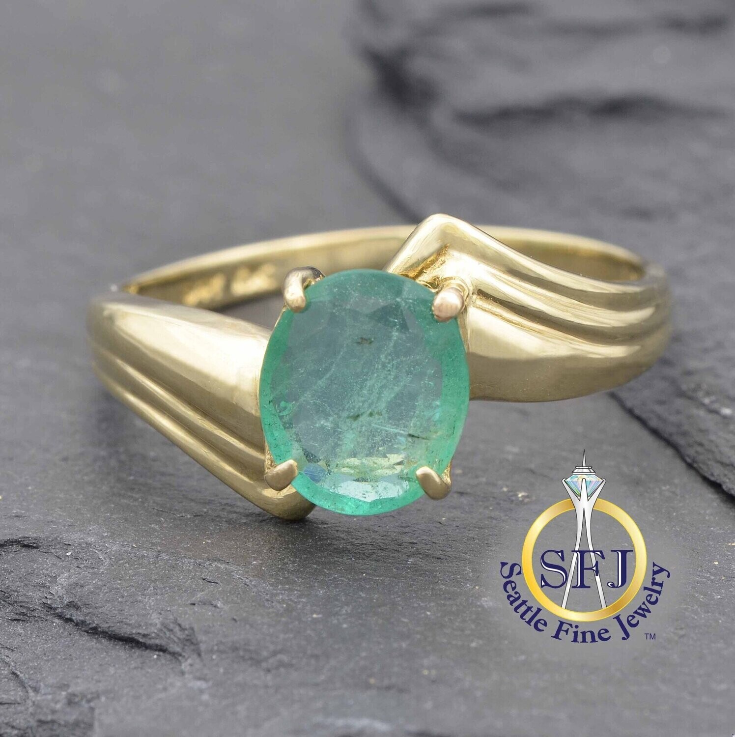 Emerald Solitaire Bypass Ring, Solid 10K Yellow Gold