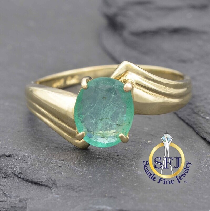 Emerald Solitaire Bypass Ring, Solid 10K Yellow Gold