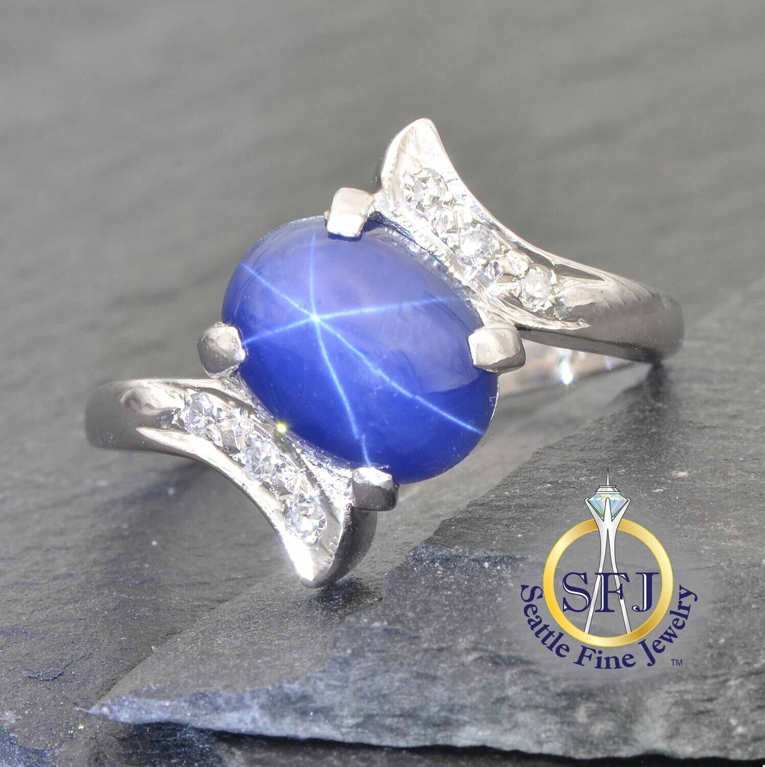 Star Sapphire and Diamond Cabochon Bypass Ring, Solid 14K White Gold