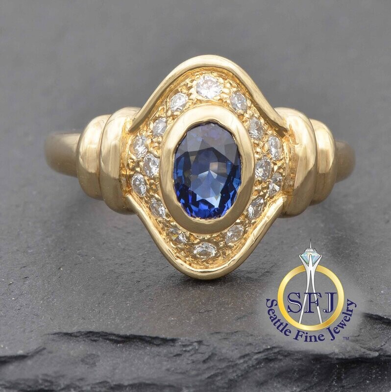 Sapphire and Diamond Halo Ring, Solid 14K Yellow Gold