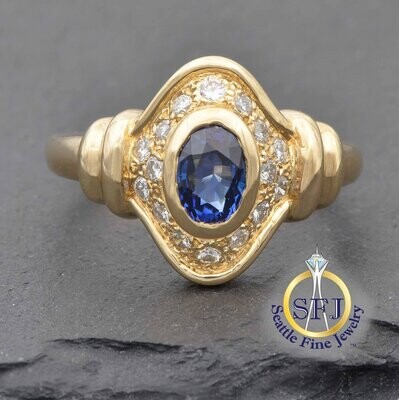 Sapphire and Diamond Halo Ring, Solid 14K Yellow Gold