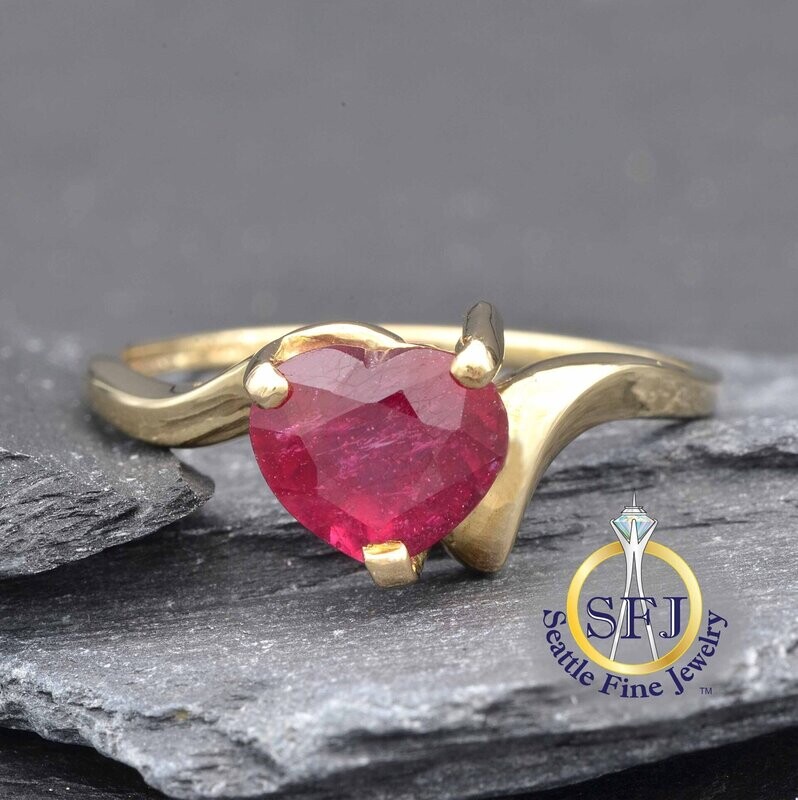 Heart Ruby Solitaire Bypass Ring, Solid 10K Yellow Gold