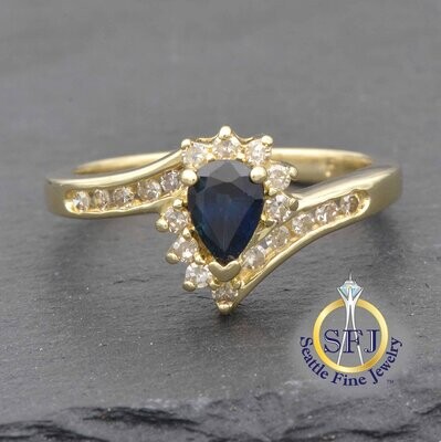 Pear Sapphire and Diamond Halo Ring, Solid 14K Yellow Gold