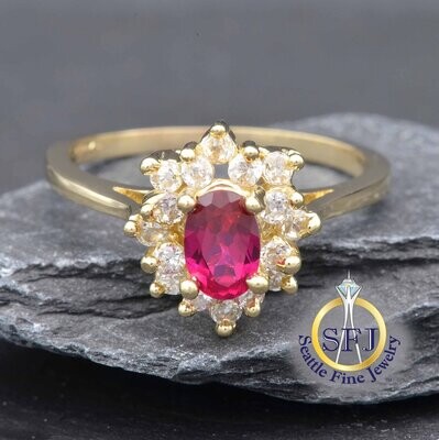 Ruby and CZ Halo Ring, Solid 14K Gold