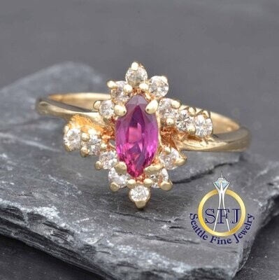 Marquise Ruby and Diamond Halo Ring, Solid 14K Yellow Gold