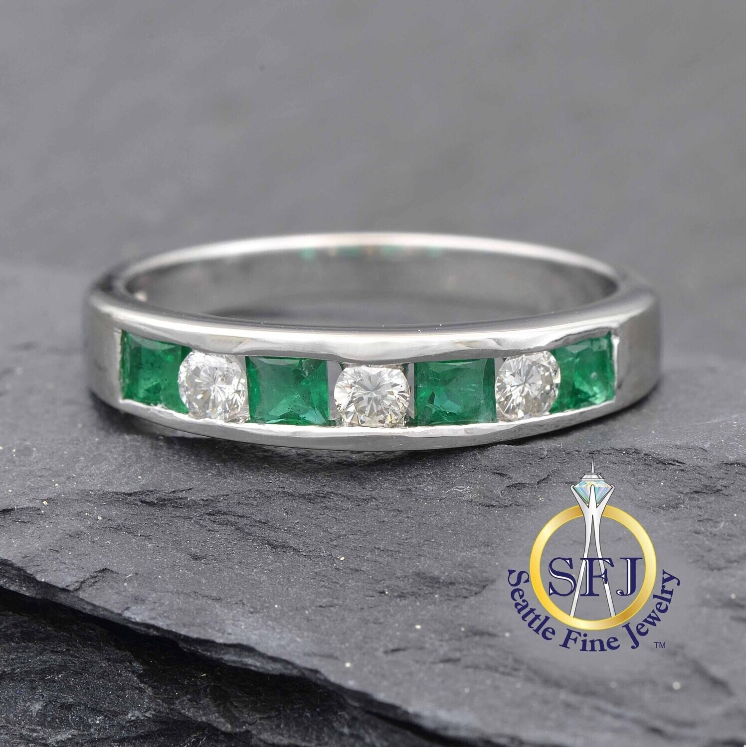 Emerald and Diamond Band Ring, Solid 14K White Gold