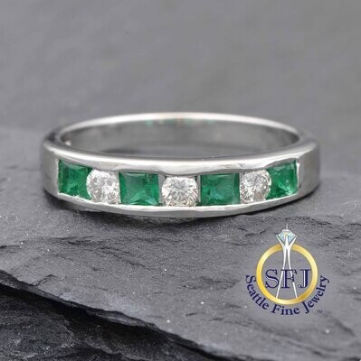 Emerald and Diamond Band Ring, Solid 14K White Gold
