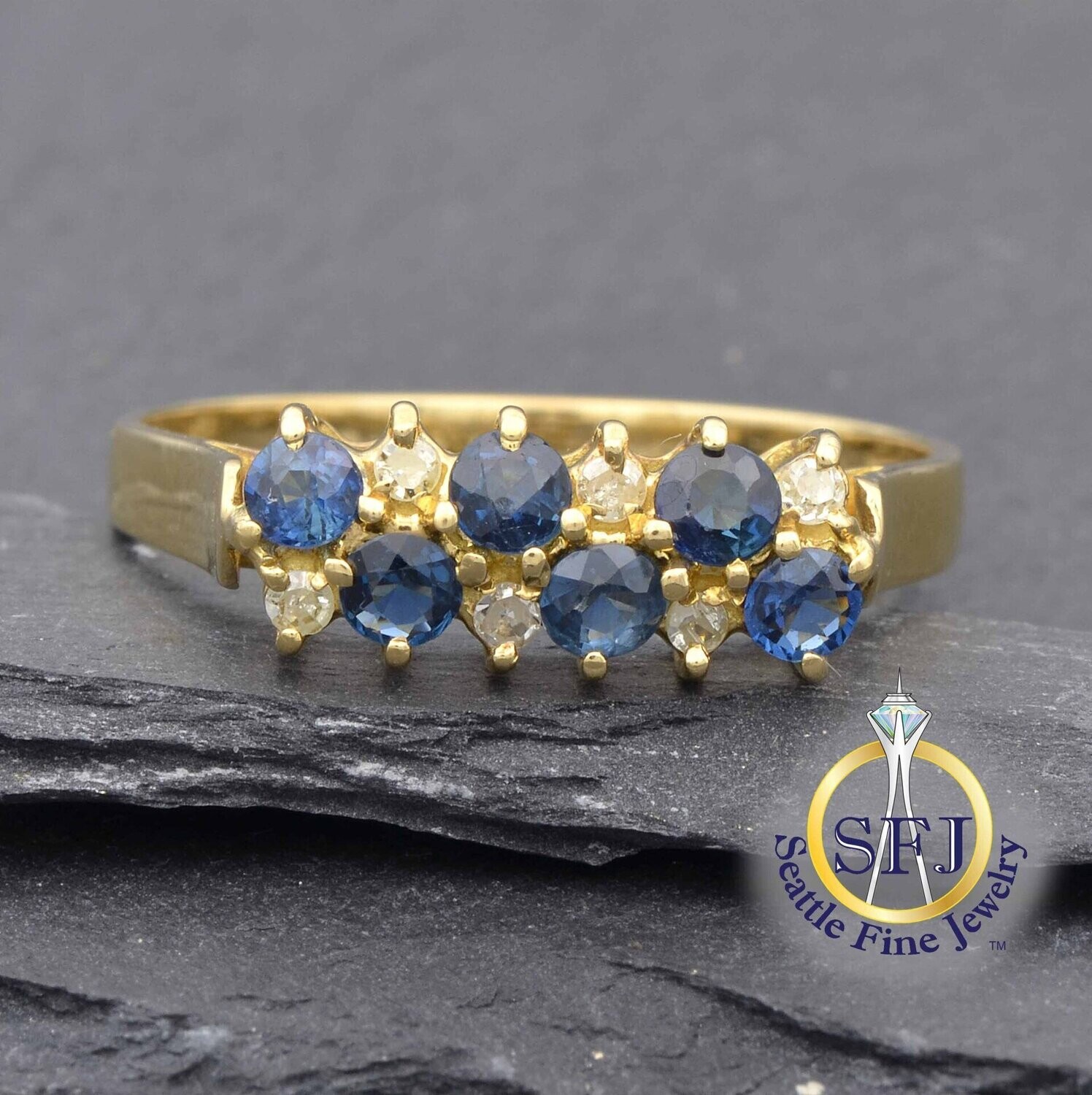 Sapphire and Diamond Double-Row Band Ring, Solid 18K Yellow Gold