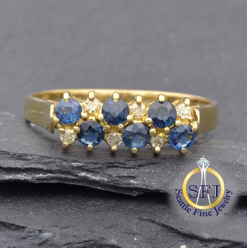 Sapphire and Diamond Double-Row Band Ring, Solid 18K Yellow Gold