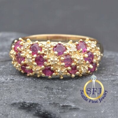 Ruby and Diamond Band Ring, Solid 14K Yellow Gold