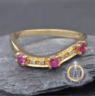 Ruby and Diamond Wavy Band Ring, Solid 14K Yellow Gold