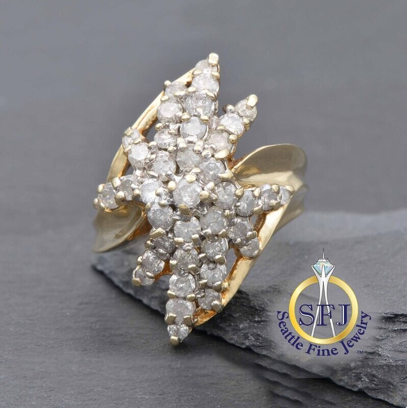 Diamond Cluster Starburst Snowflake Ring, Solid 10K Yellow Gold