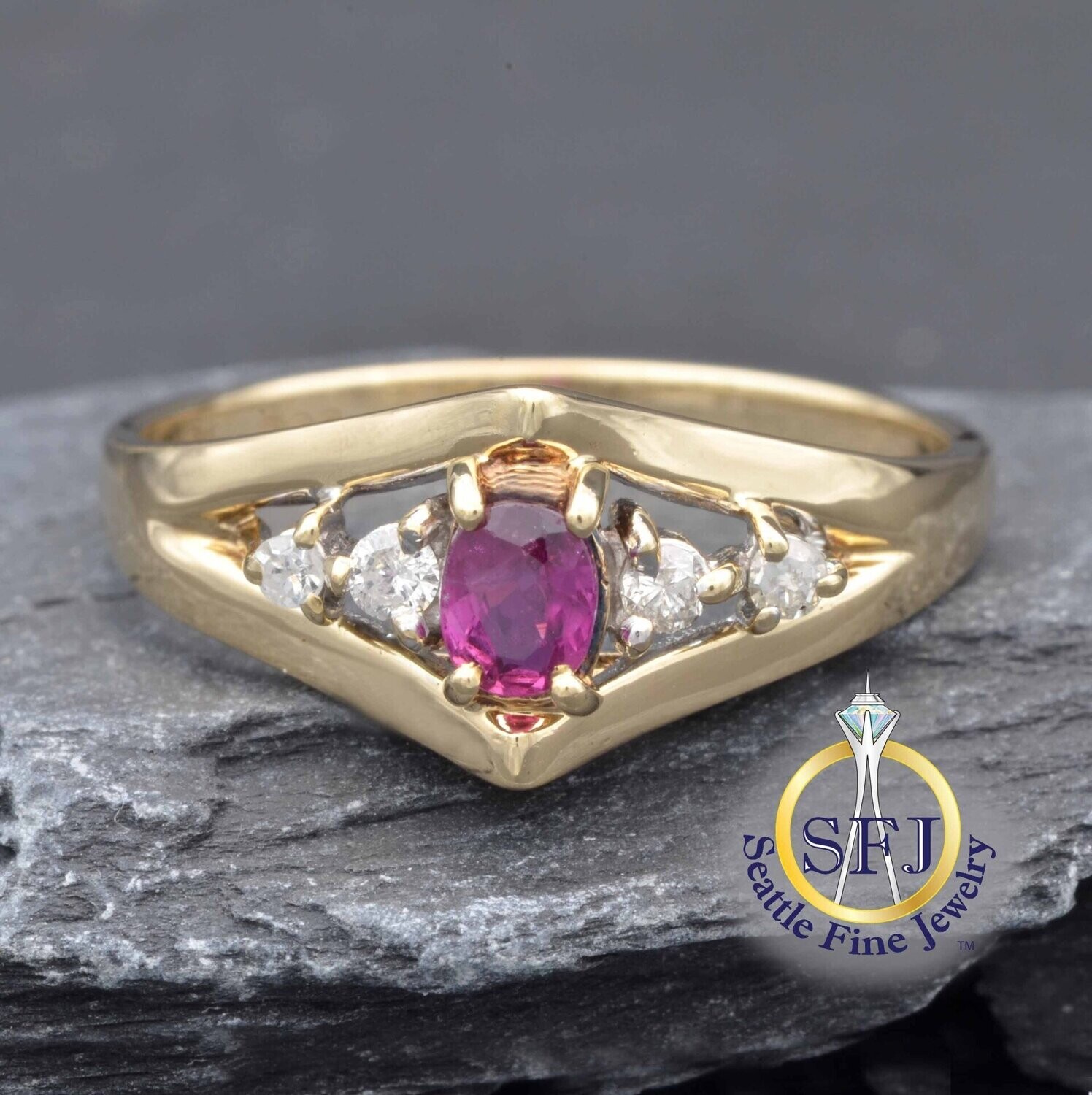 Ruby and Diamond Harlequin Ring, Solid 10K Yellow Gold