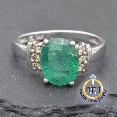 Emerald and Diamond Halo Ring, Solid 14K White Gold Ring