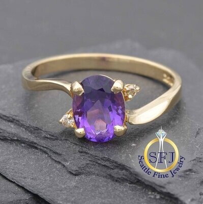 Amethyst and Diamond Bypass Ring, Solid 14K Yellow Gold