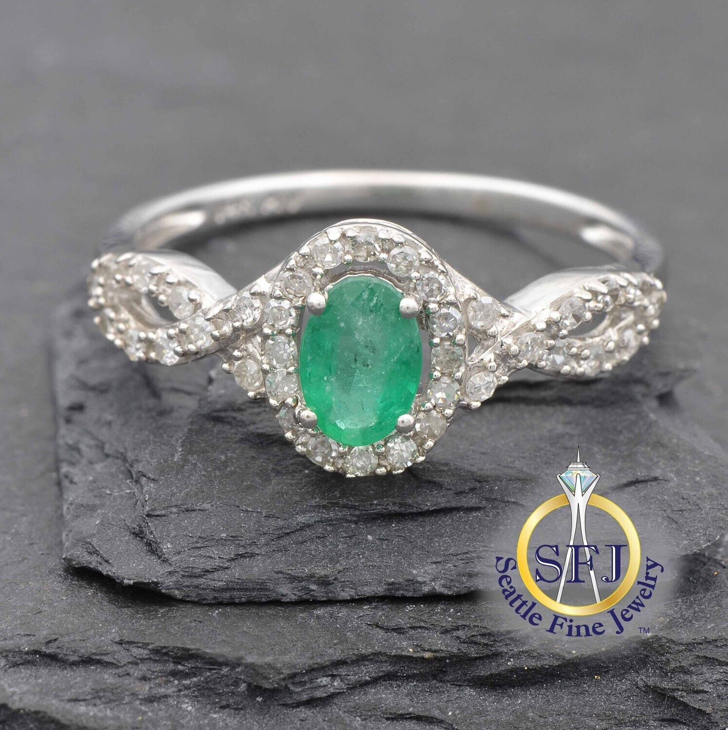 Emerald and Diamond Halo Ring, Solid 14K White Gold