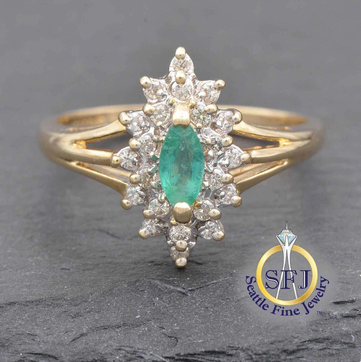 Marquise Emerald and Diamond Halo Ring, Solid 14K Yellow Gold