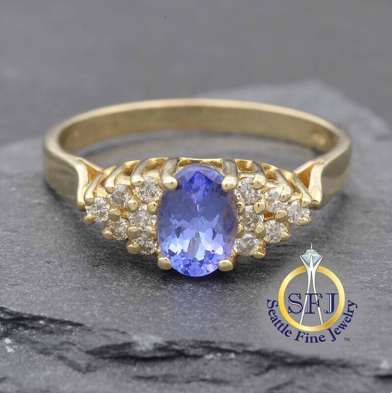 Tanzanite and Diamond Ring, Solid 14K Yellow Gold