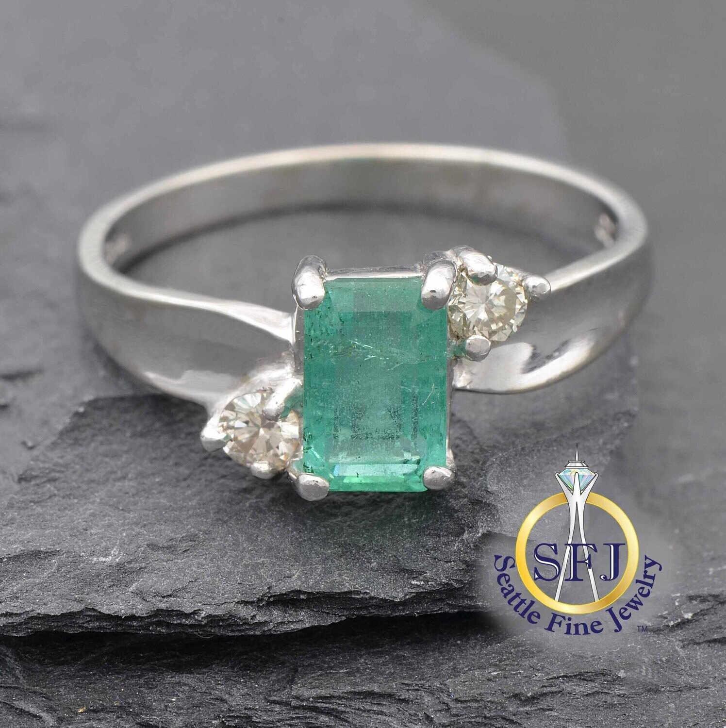 Emerald & Diamond Bypass Ring, Solid White Gold