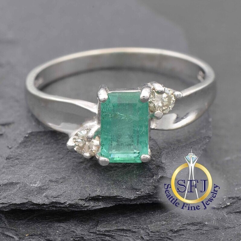 Emerald & Diamond Bypass Ring, Solid 10K White Gold