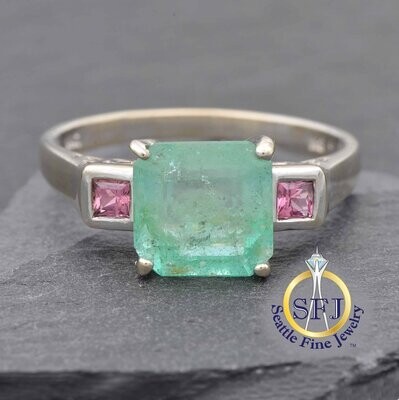 Emerald and Morganite Ring, Solid 14K White Gold