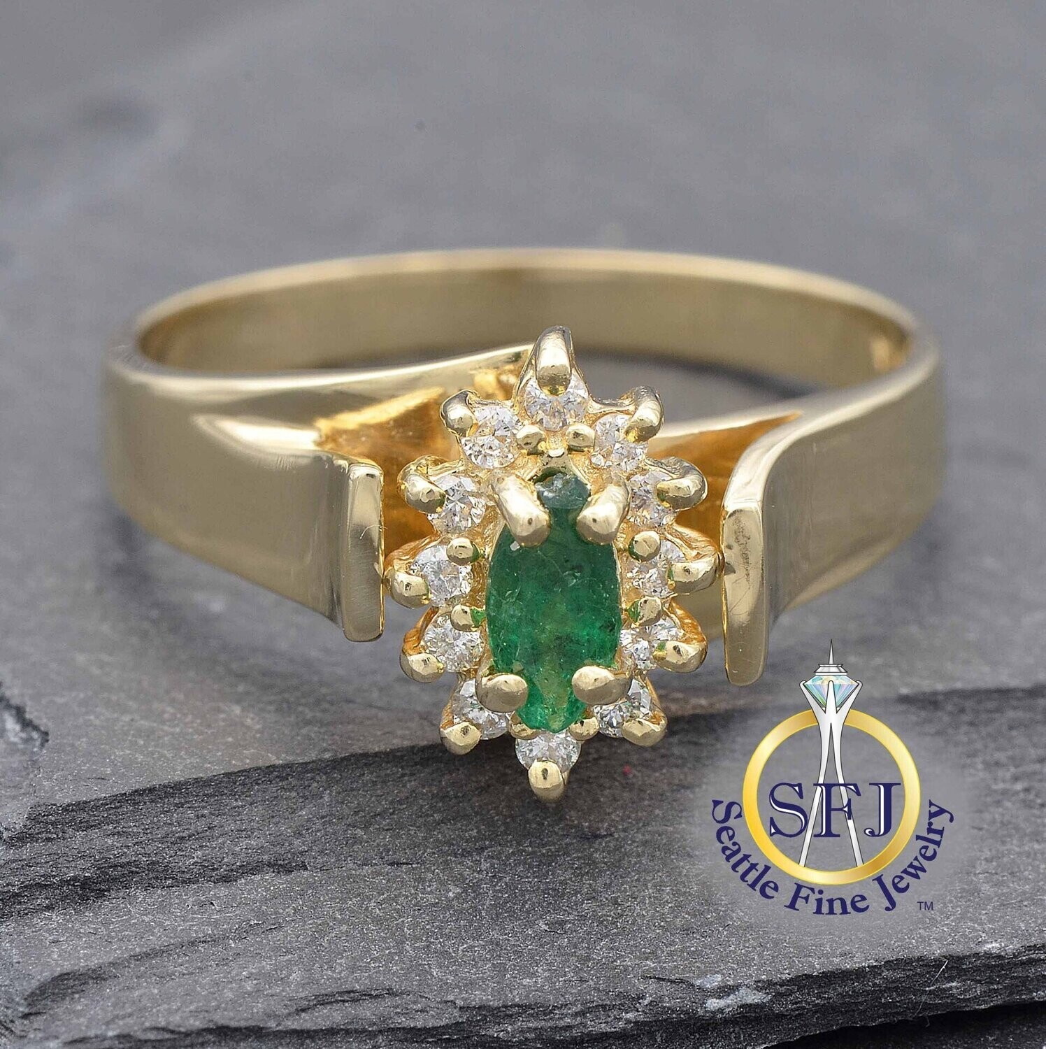Marquise Emerald and Diamond Halo Ring, Solid 14K Yellow Gold. $1,535  Appraised Value