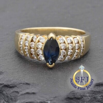 Marquise Sapphire and Diamond Ring, Solid 14K Yellow Gold