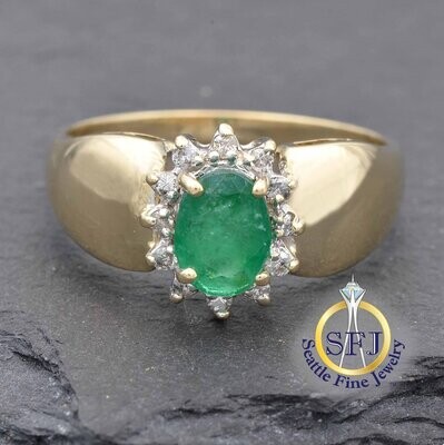 Emerald and Diamond Halo Ring, Solid 14K Yellow Gold