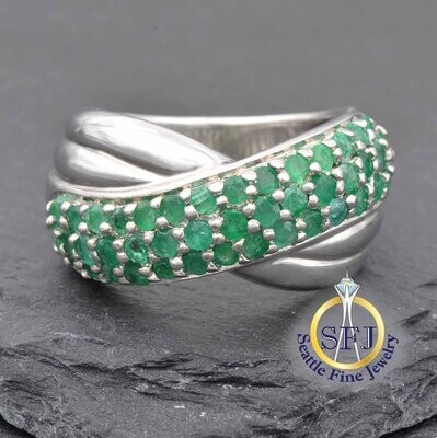 Emerald Cluster Crossover Band Ring, Solid Sterling Silver