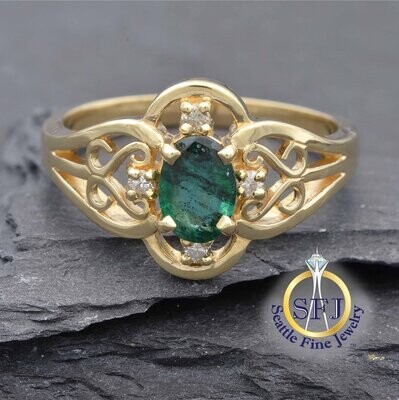 Emerald and Diamond Filigree Clover Ring, Solid 14K Yellow Gold