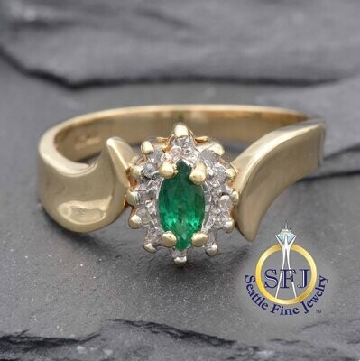 Marquise Emerald and Diamond Halo Bypass Ring, Solid Yellow Gold