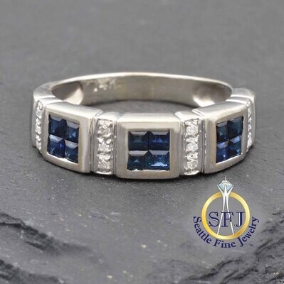 Sapphire and Diamond Band Ring, Solid 14K White Gold